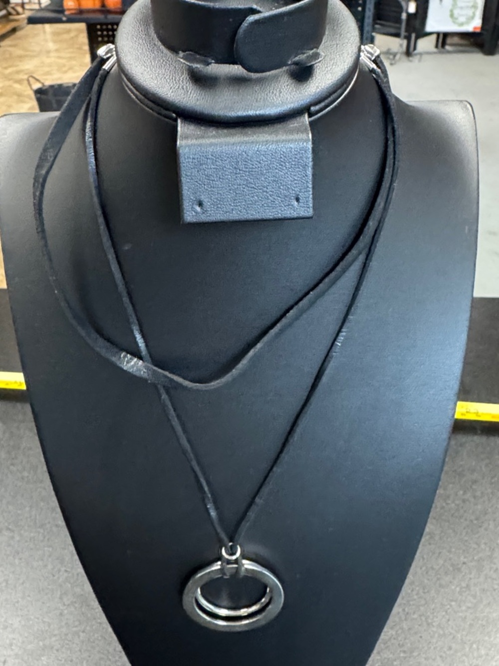 White House Black Market Black Cord Necklace with Double Ring Pendant